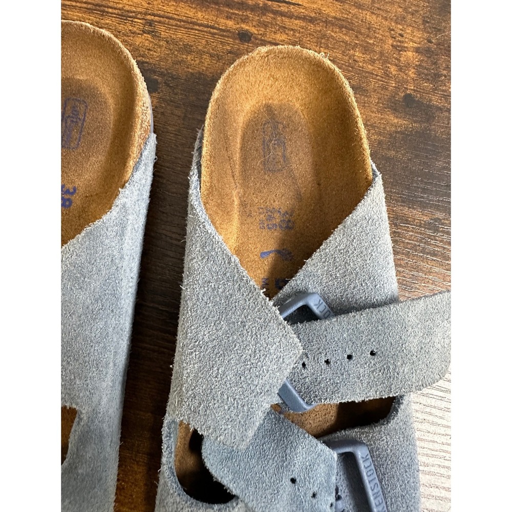 Birkenstock Arizona Soft Footbed Suede Sandals Buckle Blue Slides Size 38 L7 M9 - Picture 6 of 14